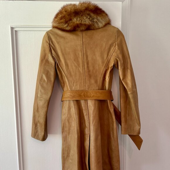VINTAGE LUXE Arden B Leather Fur Collar Belted Trench - Picture 4 of 12